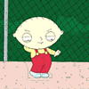 Animated cartoon character in red overalls and yellow shirt stands against green chain-link fence with pink ground, shifting pose across frames.