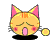 Pixel art cat face animation with two frames showing mouth and cheek changes, pink ears, yellow body, orange stripes, black shadow on gray background.