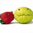 A static image shows a red strawberry and green fruit with closed eyes, surrounded by colorful heart outlines on white background.