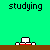 Pixelated green background with brown horizontal line; white and red object on line; black text 'studying' and 'zzz' in different positions across frames.