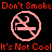 Pixelated anti-smoking graphic with red and pink text above two circular symbols on black background.