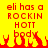 Yellow background with red pixelated text reading 'eli has a ROCKIN HOTT body' and flame-like shapes at the bottom.