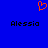 Blue background with orange pixelated heart symbol above two black text instances of 'Alessio' in pixelated font.
