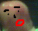 Animated sequence of a rounded, light-colored figure with black facial features and red mouth shapes against dark background.