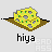 Pixelated yellow figure with white head holding green object, shown in multiple sizes and poses against light gray background.