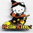 A pixelated cartoon cat in a witch costume with orange and black clothing, holding a broomstick on a yellow pumpkin-shaped base.
