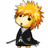 Pixelated character with spiky yellow-orange hair, black eyes, and a neutral expression wearing a dark outfit against white background.