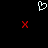 Pixelated white heart outline above two red X symbols on black background.