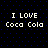 A 4-frame animated contact sheet showing repeated text "I LOVE Coca Cola" in pixelated white font on a black background with blue dots, arranged in a 2x2 grid.