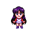 Pixel art character with purple hair in pigtails, white top, red skirt, and blue shoes transitions through multiple states including a dark silhouette surrounded by orange rings.