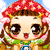A pixelated cartoon character with large brown eyes, red mushroom cap, and green-and-yellow clothing appears in three distinct expressions: open-mouthed surprise, closed-eye smile, and hand-to-cheek pose with heart symbols.