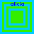 Four square display green and blue nested squares with 'alicia' text above each, showing varying inner square sizes across frames