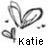 Pixelated grayscale icon with abstract shapes and the name 'Katie' in blocky text below.