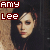 A contact sheet of six animated frames showing a woman with long dark hair and red lipstick, each frame displaying the text "AMY LEE" in different colored pixelated fonts against a textured brown background.