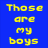 Blue background with yellow text "Those are my boys" above three people wearing blue glasses, labeled Adam, Philip, and Harry.