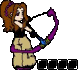 Pixel art character with brown hair in high ponytail, black top, beige pants, purple bow, and blue accents, holding bow in various poses with text below.