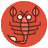 Pixelated scorpion icon with red circular background, white eyes, and brown segmented body on gray backdrop.
