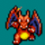 Pixelated orange dragon-like creature with blue wings and yellow belly, standing on teal background in three distinct poses.