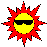 Two pixelated sun icons with yellow faces, black sunglasses, and radiating spikes; left icon has red spikes, right has yellow spikes against gray background.