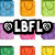A grid of nine pixelated square icons in blue, orange, green, purple, pink, and red hues surrounds a central black banner with white text reading 'LBFL' flanked by two circular symbols.