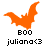Three orange pixelated bat icons in different poses with 'BOO' and 'juliana<3' text below each, on white background.
