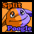 Two side-by-side animated frames of a cartoon poodle mascot with orange and purple coloring, displaying text above and below the character against contrasting background colors.