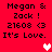 Red background with black text reading "Megan & Zack! 21608 <3 It's Love." and two pixelated hearts, one white and one pink.