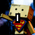 Pixelated character with blocky face wears Superman emblem on chest, holding wooden stick against dark background.