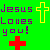 Green background with pixelated purple text reading "Jesus Loves you!" and two crosses, one yellow outline on the right and one solid red at bottom center.