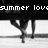 Pixelated black-and-white image showing a figure in mid-air with legs bent, under text reading 'summer love' on a dark background.