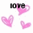 Pixelated image with black text 'love' and three pink hearts on white background.