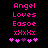 Pixelated pink text and symbols on black background with two variations of heart arrangement.