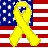 A yellow ribbon symbol overlays a pixelated American flag background with blue field of white stars and red-and-white stripes.