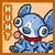 Pixelated blue cartoon character with large eyes, red collar, and pink tongue sticking out next to vertical orange text reading "H U H ?" on a light beige background.