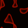 Neon-outlined shapes in red, blue, and purple glow against a black background, with a white rectangular area in the bottom-right corner.