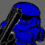 Blue armored figure with black visor and weapon, shown in five sequential poses against gray background.