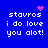 Blue background with white pixelated text reading 'stavros i do love you alot!' and pink pixelated heart or starburst symbols in four quadrants.