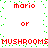 Pixelated red text and green dots on white background, with repeated 'mario' and 'MUSHROOMS' text elements arranged in a pattern