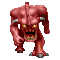 Four pixelated red demon-like figures with glowing yellow eyes, horns, and open mouths showing teeth and tongue, arranged in a on gray background