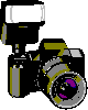 Pixelated digital camera icon with black, gray, and yellow coloring; flash unit displays white rectangle on left frame, yellow rectangle with small white square on right frame.