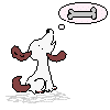 Pixel art animation of a white dog with brown accents sitting and howling at a bone-shaped thought bubble, displayed as two sequential frames in a contact sheet.