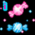 Pixelated candy-themed animation with pink and blue candies, floating dots, and text overlays on black background.