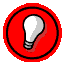 Two circular red icons with black outlines, each containing a light bulb; left bulb is white, right bulb is yellow with orange gradient.
