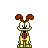 Pixelated character with brown ears, white eyes, black nose, red striped scarf, and yellow-green body against gray background.