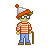 Pixel art character with orange and white striped shirt, blue pants, brown shoes, and orange hat with white flag, holding a brown cane.