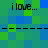 Pixelated green and blue background with repeated text "i love..." in black, separated by horizontal dashed lines