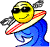 Animated contact sheet of three frames showing a yellow smiley face character with sunglasses holding a surfboard, wearing blue clothing and gray wings against a gray background.