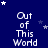 Blue background with white text "Out of This World" repeated in a pattern, scattered white stars, and a gray rectangle in the bottom-right corner
