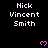 Pixelated text 'Nick Vincent Smith' repeated across a black background with pink heart symbols and a gray rectangular overlay.