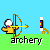 Pixelated archer character with white head and yellow body draws bow, releases arrow, then stands beside target in green field under blue sky.